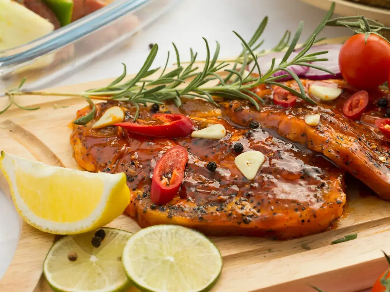 Soczyste mięso w aromatycznej marynacie na grilla, ozdobione rozmarynem, czosnkiem, papryczką chili i cytrusami.