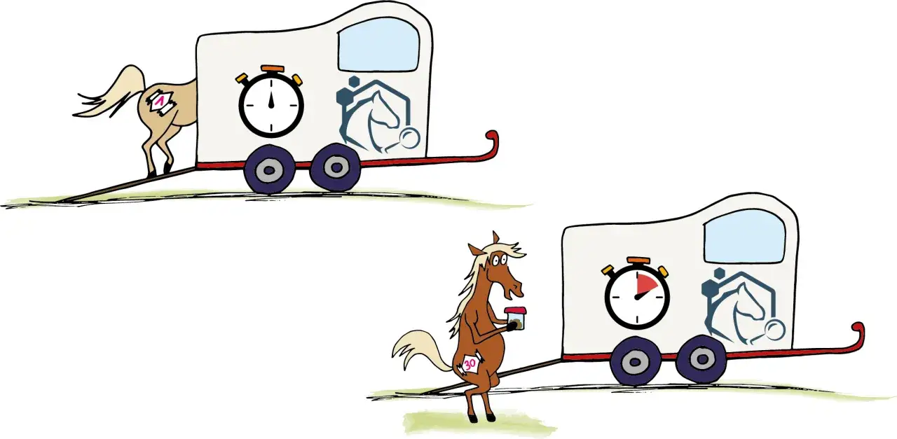 Un cheval sort d'une remorque, une étiquette
