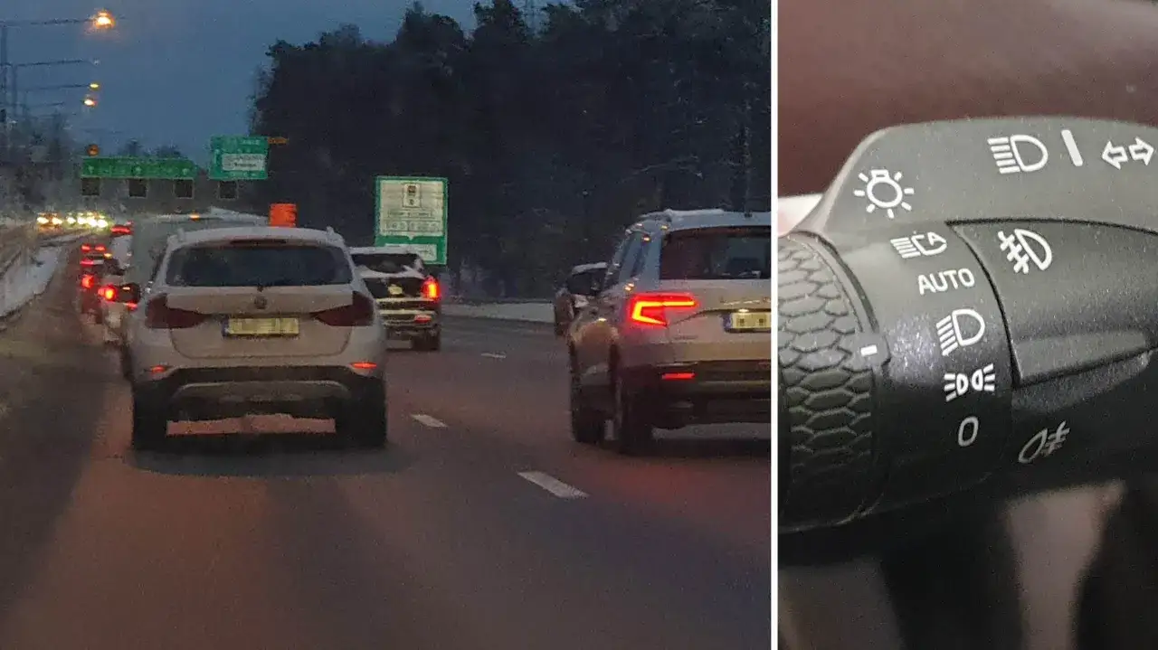 Trafik i m&ouml;rker visar att man m&aring;ste ha bakljus p&aring; dagen. Bilens str&ouml;mbrytare visar olika ljusl&auml;gen.