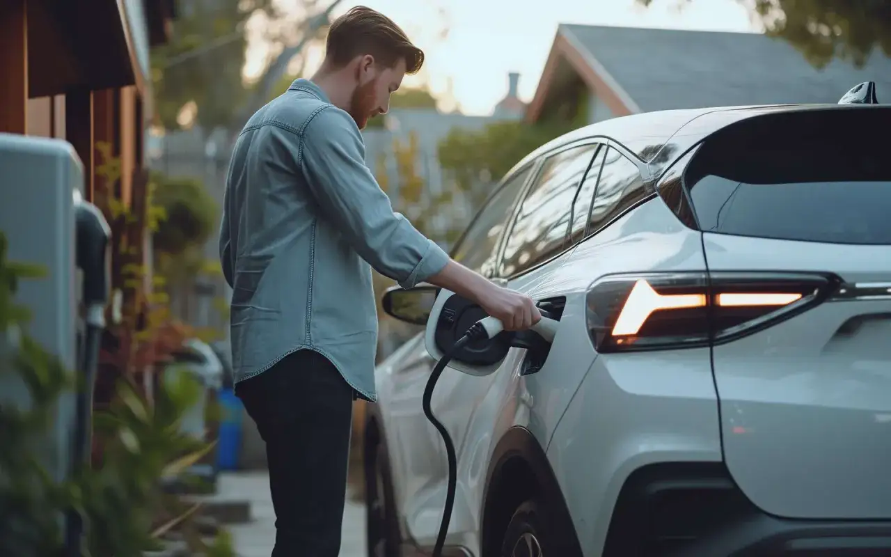 Mężczyzna ładuje białego elektrycznego SUV-a, zapewniając mu duży zasięg.