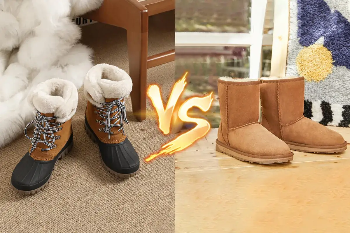 Can hiking boots be used as snow boots? A pair of brown, fur-lined hiking boots with rubber soles are shown next to a pair of tan, fur-lined boots.