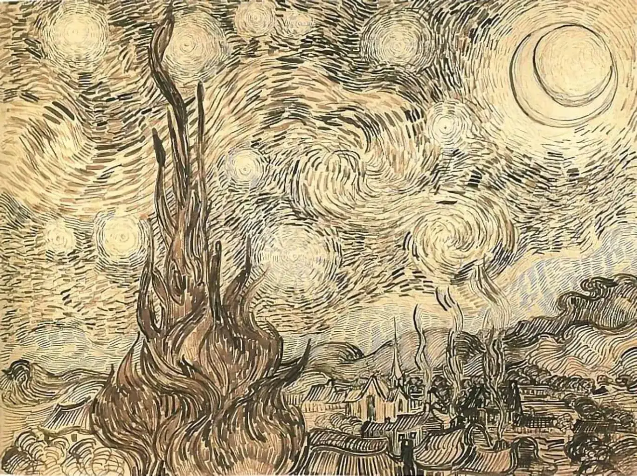 Dibujo de la noche estrellada de Van Gogh, con un ciprés flameante y un pueblo bajo un cielo turbulento.