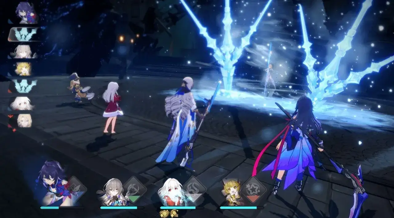 Personajes de Honkai Star Rail en combate, con efectos de hielo y magia azul.