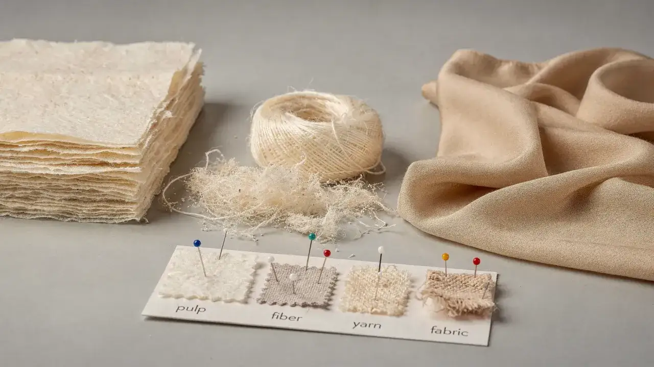 A stack of pulp, a ball of yarn, and a swatch of fabric are displayed, with smaller fabric samples labeled 
