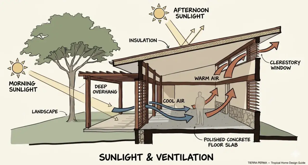 Illustration d'un **habitat bioclimatique** montrant la gestion du soleil et de la ventilation : avant-toits, isolation, fenêtres hautes et flux d'air.