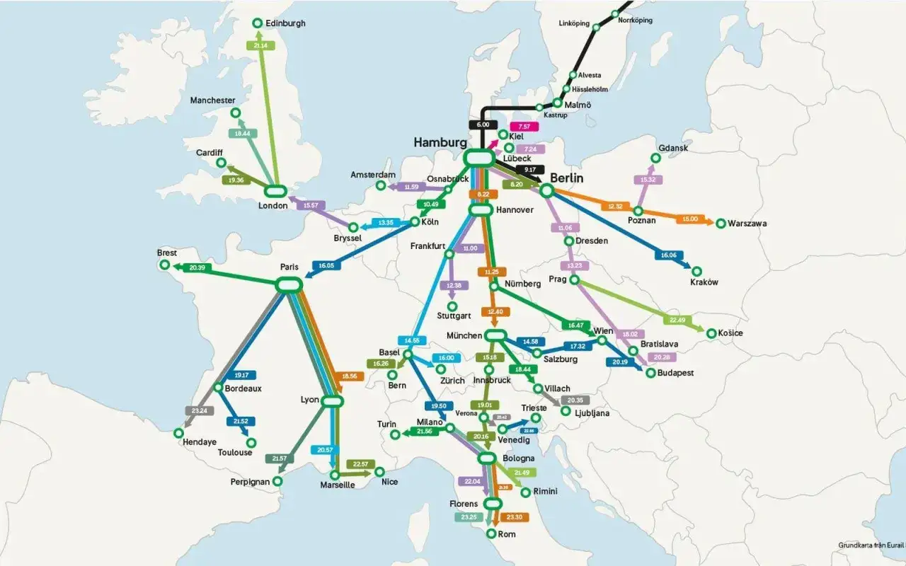 En karta &ouml;ver Europa med t&aring;gf&ouml;rbindelser. T&auml;nk dig ett t&aring;g till Portugal som en del av denna resa.