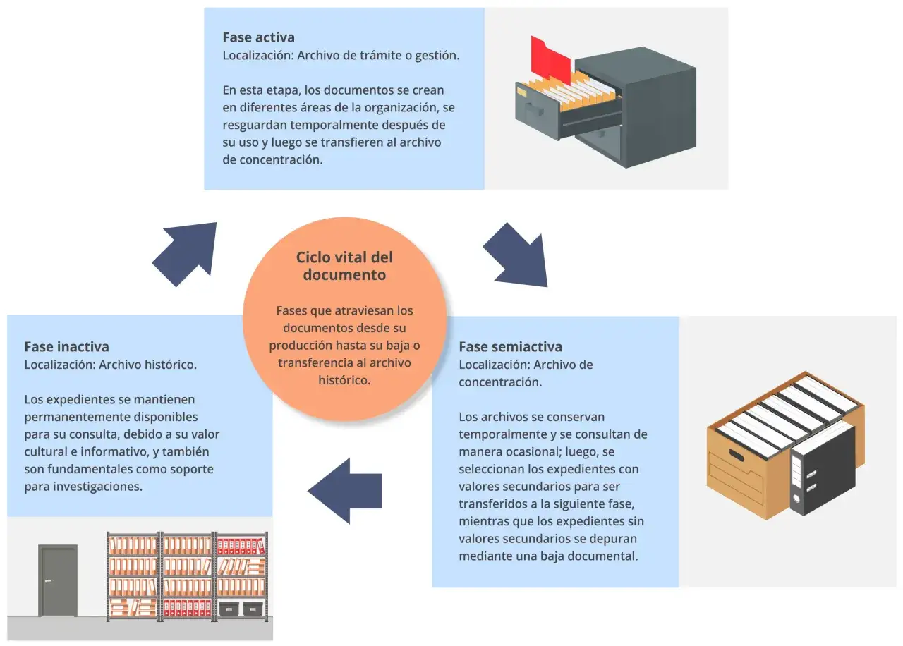 Diagrama del ciclo vital del documento, ilustrando la gestión de documentos digitales en fases activa, semiactiva e inactiva, con iconos de archivadores y estanterías.