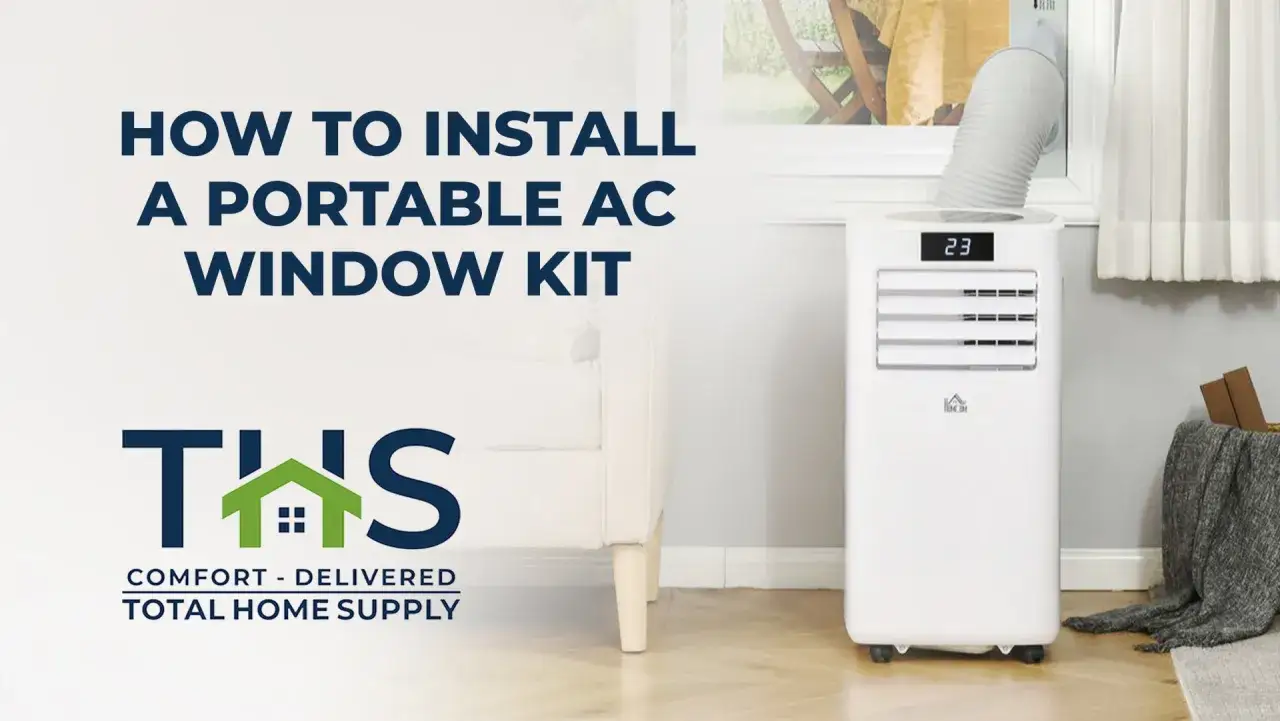 Guía para la instalación de un aire acondicionado portátil. Muestra un equipo blanco con su manguera conectada a la ventana.