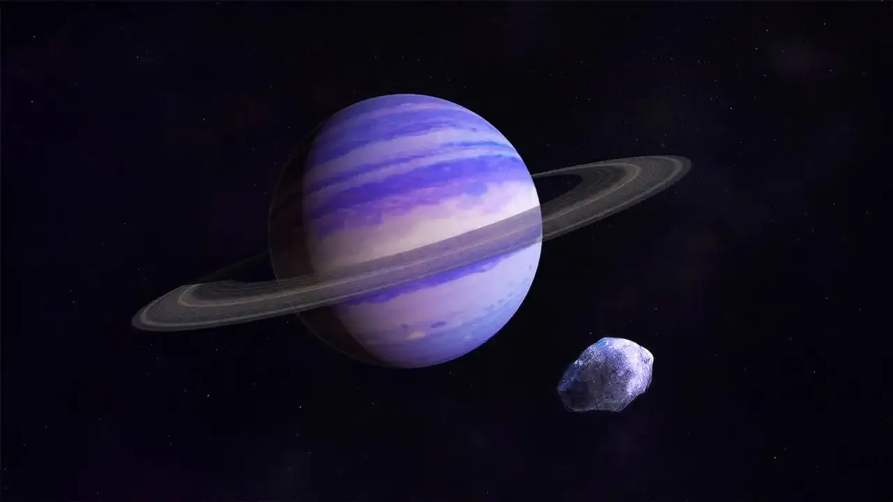 Fioletowa planeta z pasami i pierścieniami, przypominająca Neptuna, obok skalistego obiektu. Czy Neptun ma pierścienie? Tak, ten widok sugeruje, że tak.