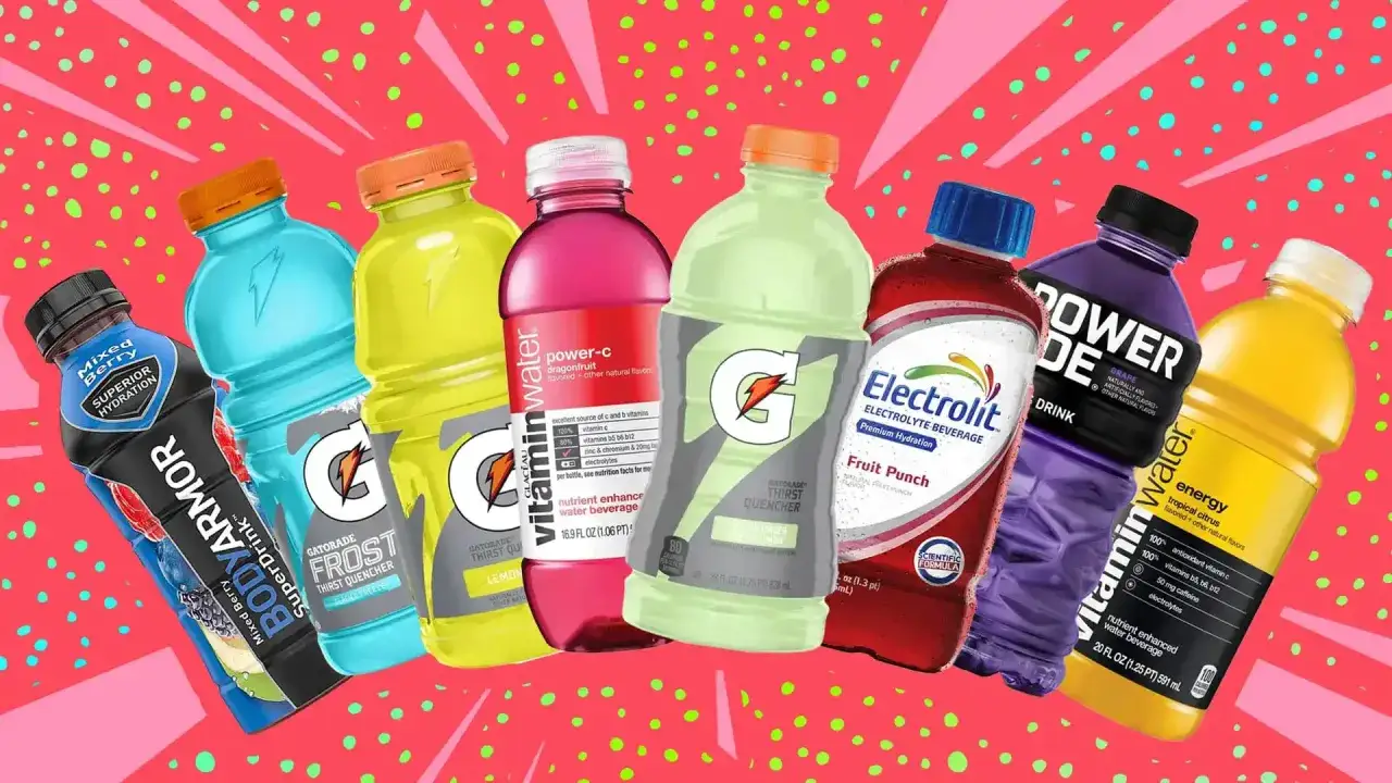 Ranking napojów izotonicznych: Bodyarmor, Gatorade, Electrolit, Powerade i Vitaminwater w żywych kolorach.
