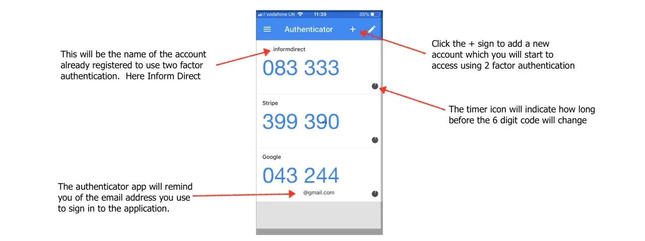 Application Authenticator affichant des codes à usage unique Microsoft pour Inform Direct, Stripe et Google. Le '+' permet d'ajouter un compte.