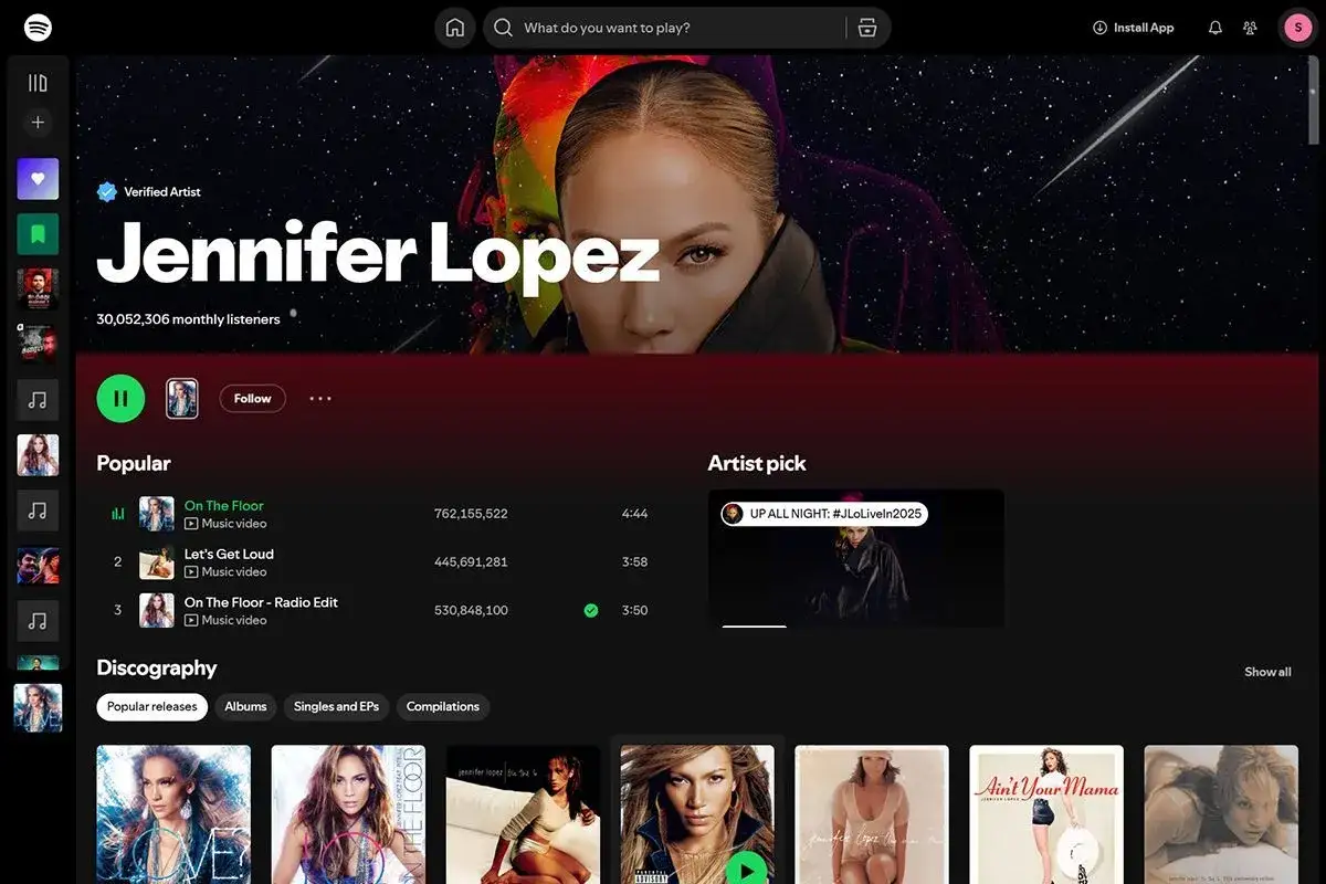 Jennifer Lopez's Spotify artist profile zeigt ihre beliebtesten Songs wie