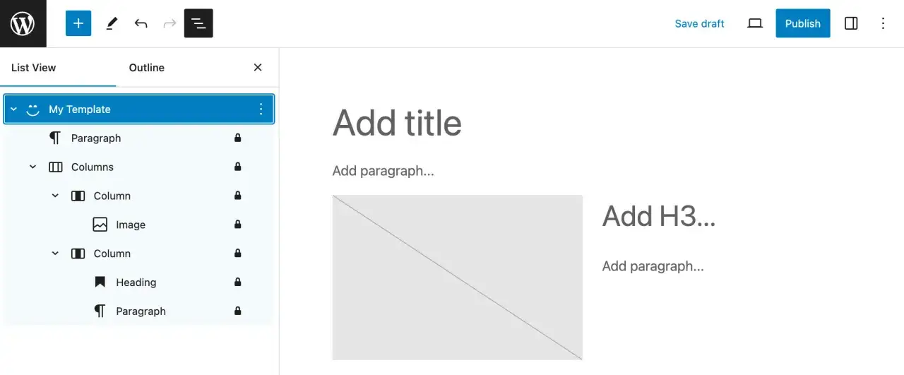 WordPress-Editor: Elemente für webseiten erstellen mit wordpress wie Titel, Absätze, Spalten und Bilder sind sichtbar.