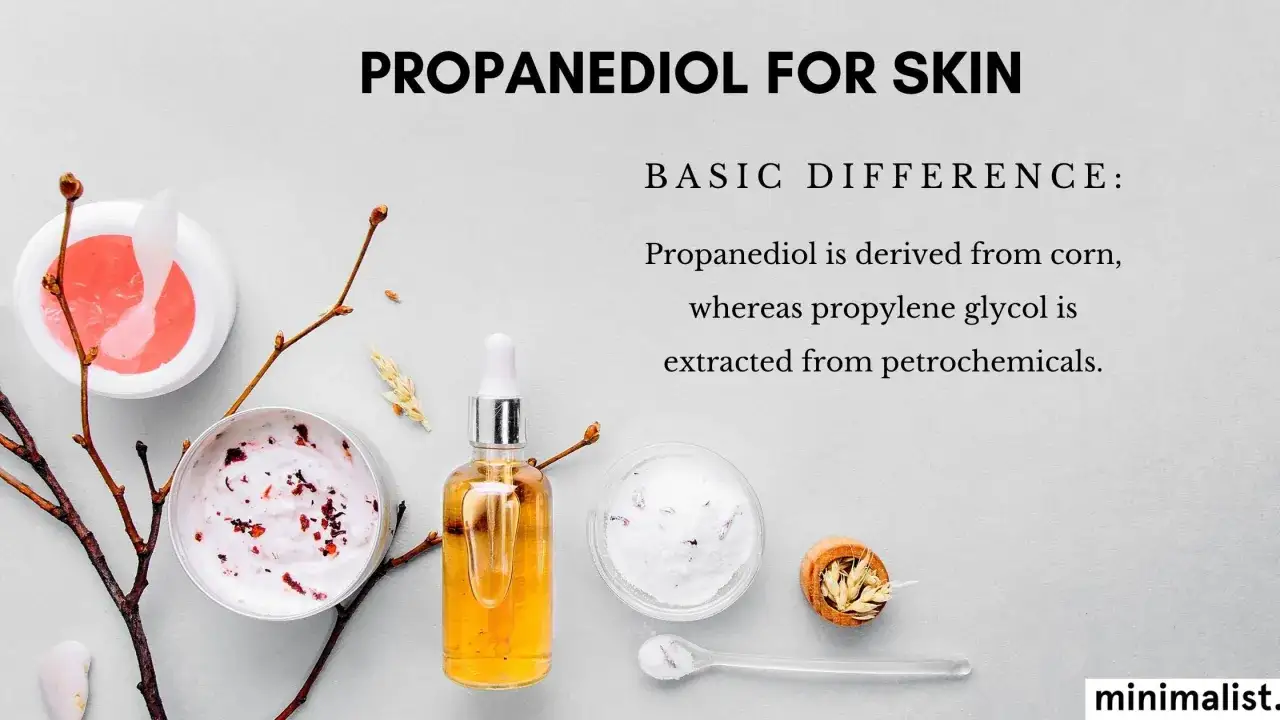 Propanediol co to? Składniki kosmetyków: propanediol z kukurydzy, olejek, kremy, gałązki.