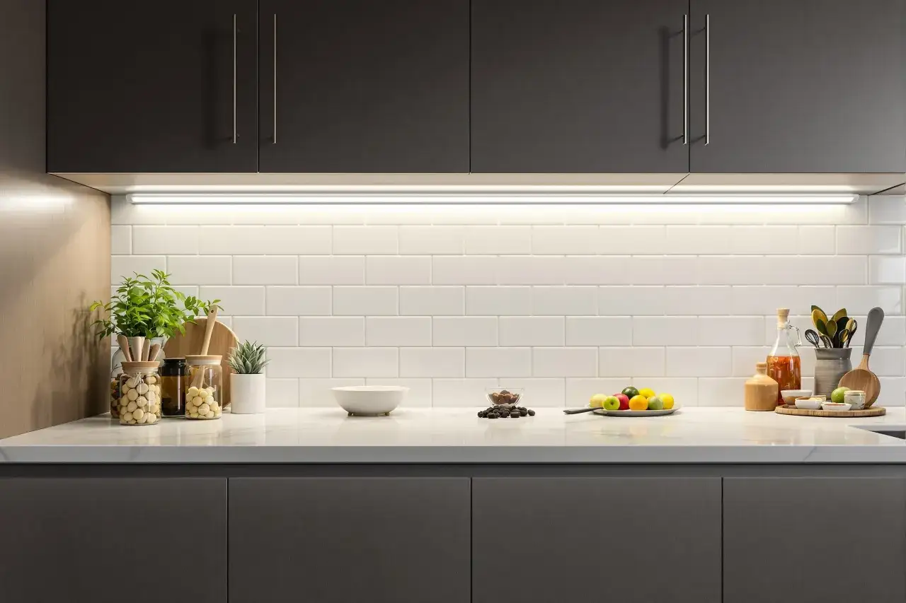 &Eacute;clairage subtil sous les armoires sombres, mettant en valeur le carrelage blanc et les objets d&eacute;coratifs. Une **reglette LED design** illumine la cuisine.