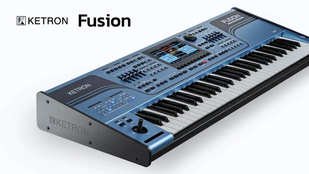Niebieski keyboard Ketron Fusion, zaawansowany instrument muzyczny z wieloma przyciskami i ekranem.