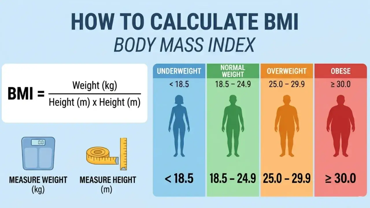 Wzór na BMI: waga (kg) podzielona przez wzrost (m) do kwadratu. Obok kategorie: niedowaga, waga normalna, nadwaga, otyłość.