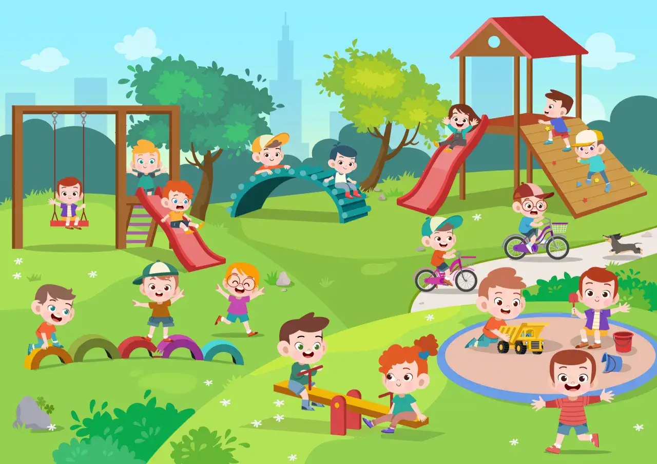 Ni&ntilde;os jugando en un parque infantil, deslizando, columpi&aacute;ndose y en bicicleta. &iexcl;Perfecto para l&aacute;minas de expresi&oacute;n oral!