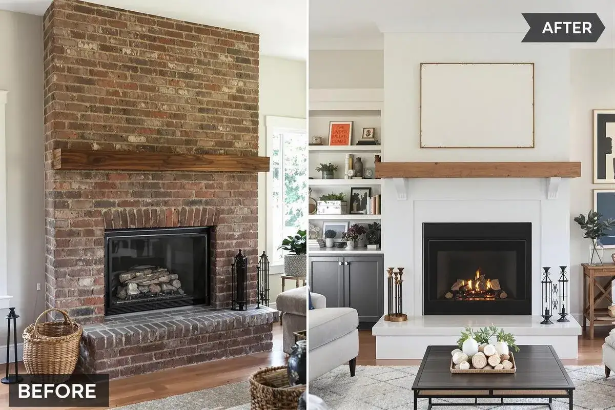Avant/après d'une rénovation cheminée : d'une imposante structure en briques rouges à une cheminée blanche épurée, modernisée avec une étagère en bois.