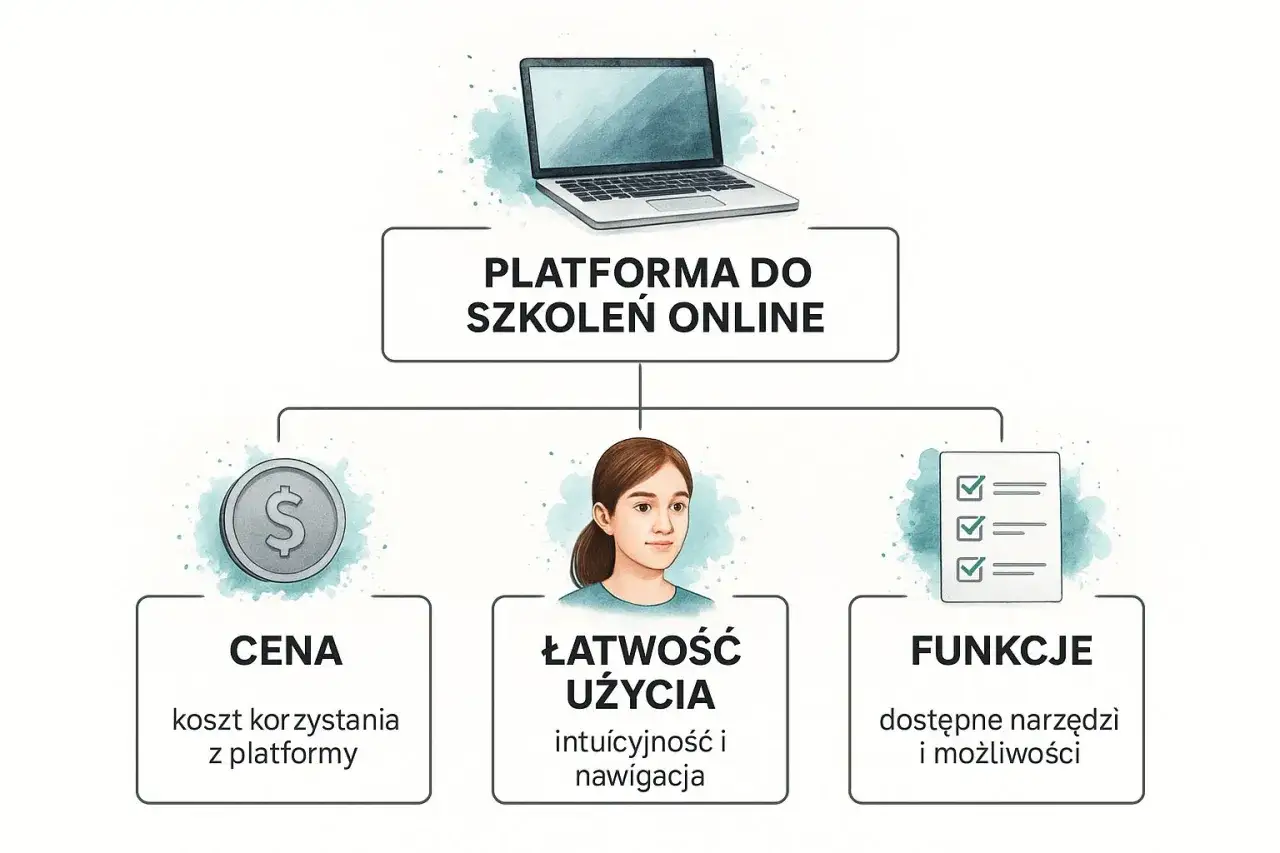 Diagram przedstawia platformę do tworzenia kursów online, podkreślając cenę, łatwość użycia i funkcje.