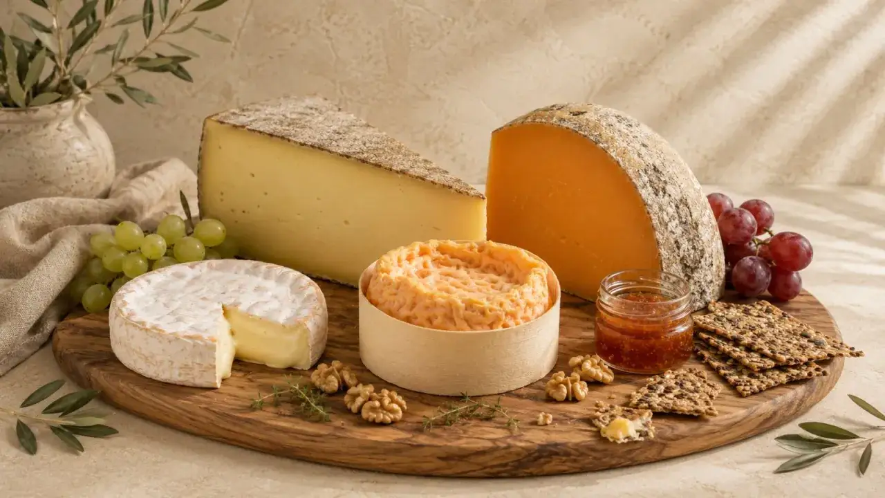 Tabla de quesos AOP France: camembert, comt&eacute;, queso de corteza lavada y otros. Acompa&ntilde;ados de uvas, nueces y mermelada.
