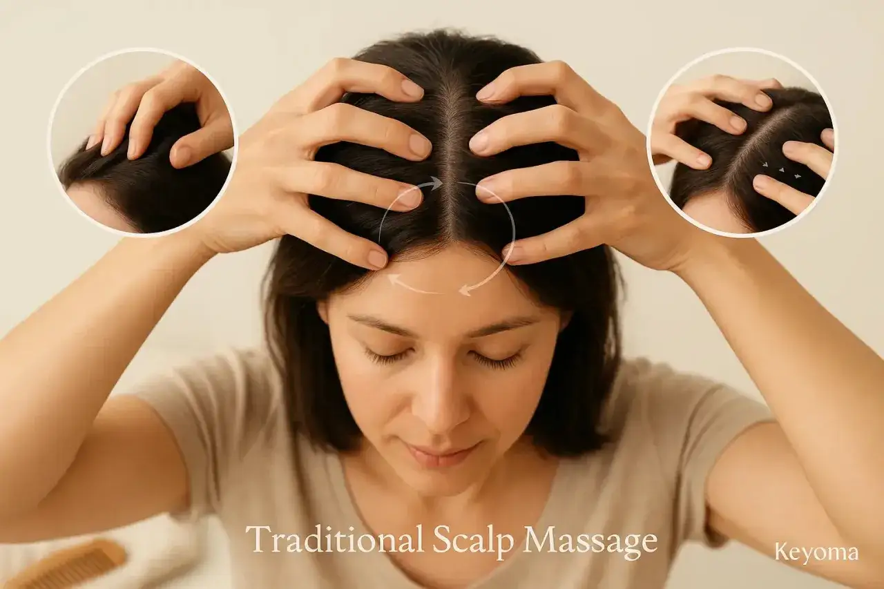 A woman's hands gently massage her head, demonstrating a traditional scalp massage technique. Insets show close-ups of the fingers working through the hair.