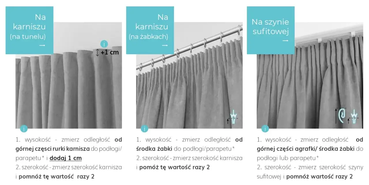 Marszczenie zasłon na żabki, pokazane na trzech przykładach: na karniszu (tunel, żabki) i szynie sufitowej. Instrukcje pomiaru wysokości i szerokości.