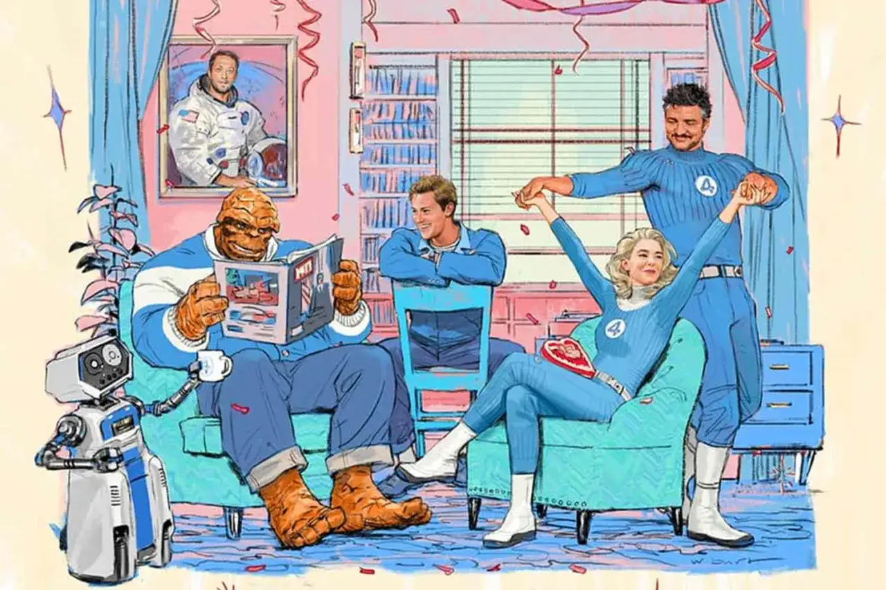 La famille Fantastic Four MCU se d&eacute;tend &agrave; la maison. La Chose lit, Reed est assis, Sue et Johnny dansent. Un portrait d'un astronaute est accroch&eacute; au mur.