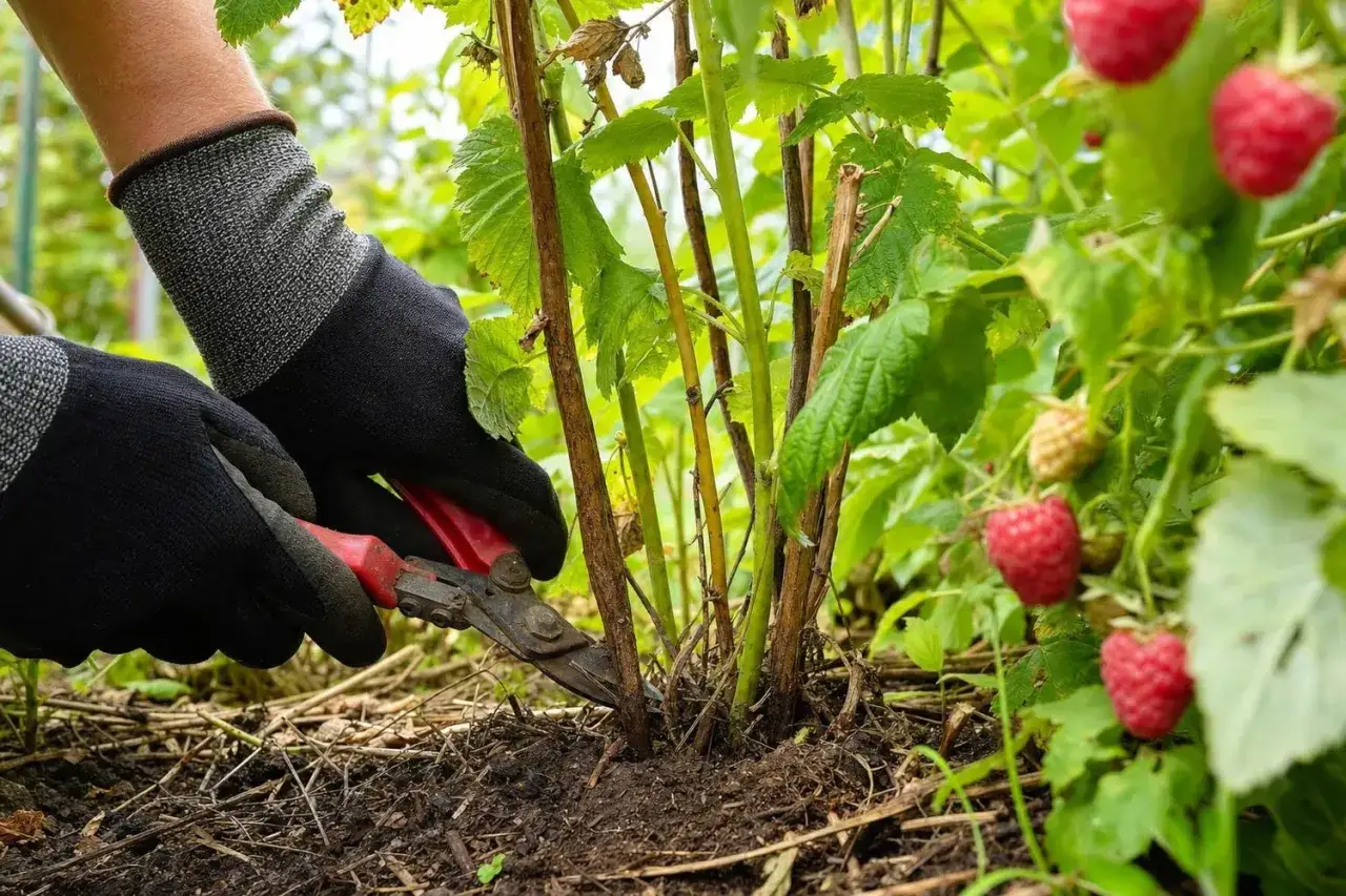 Gants noirs et s&eacute;cateur rouge pour tailler les tiges d'un framboisier. Des framboises m&ucirc;res sont visibles sur la droite. La culture framboisier demande de l'entretien.