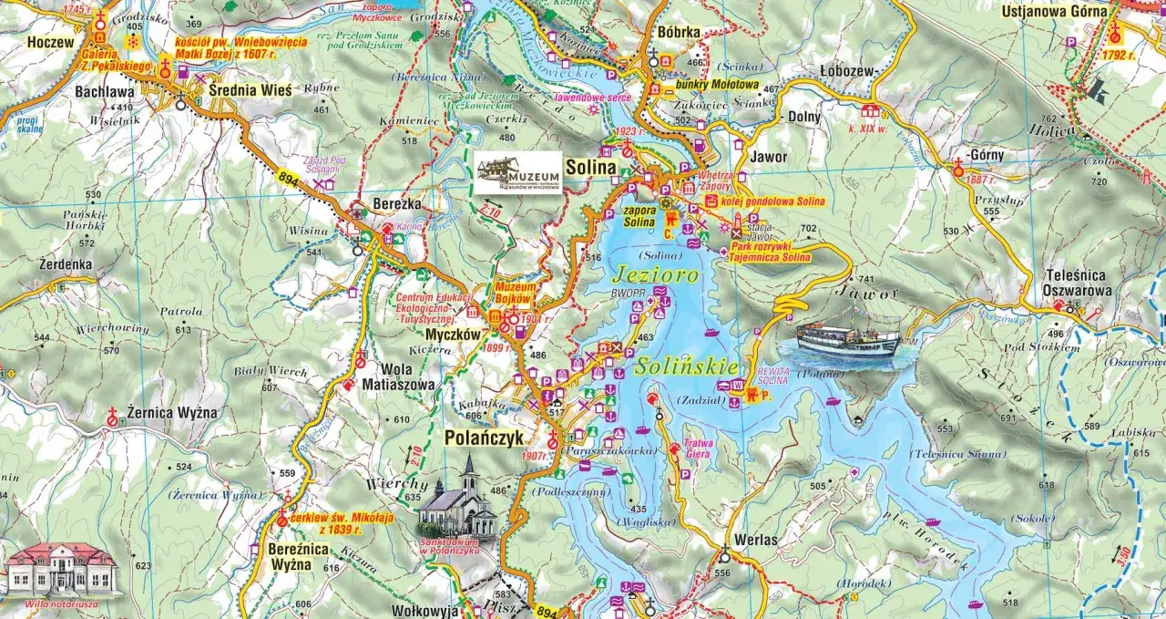 Mapa turystyczna Bieszczad&oacute;w: Jezioro Solińskie, zapora, Polańczyk, Solina, Ustrzyki G&oacute;rne. Gdzie są Bieszczady? Tu!