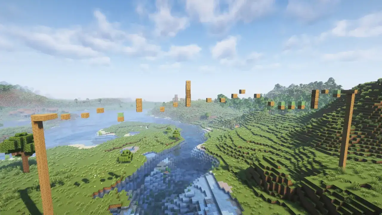 Krajobraz Minecraft z platformami do skakania, idealny na serwery mc parkour. Rzeka przepływa przez zielone wzgórza, a niebo jest błękitne z chmurami.
