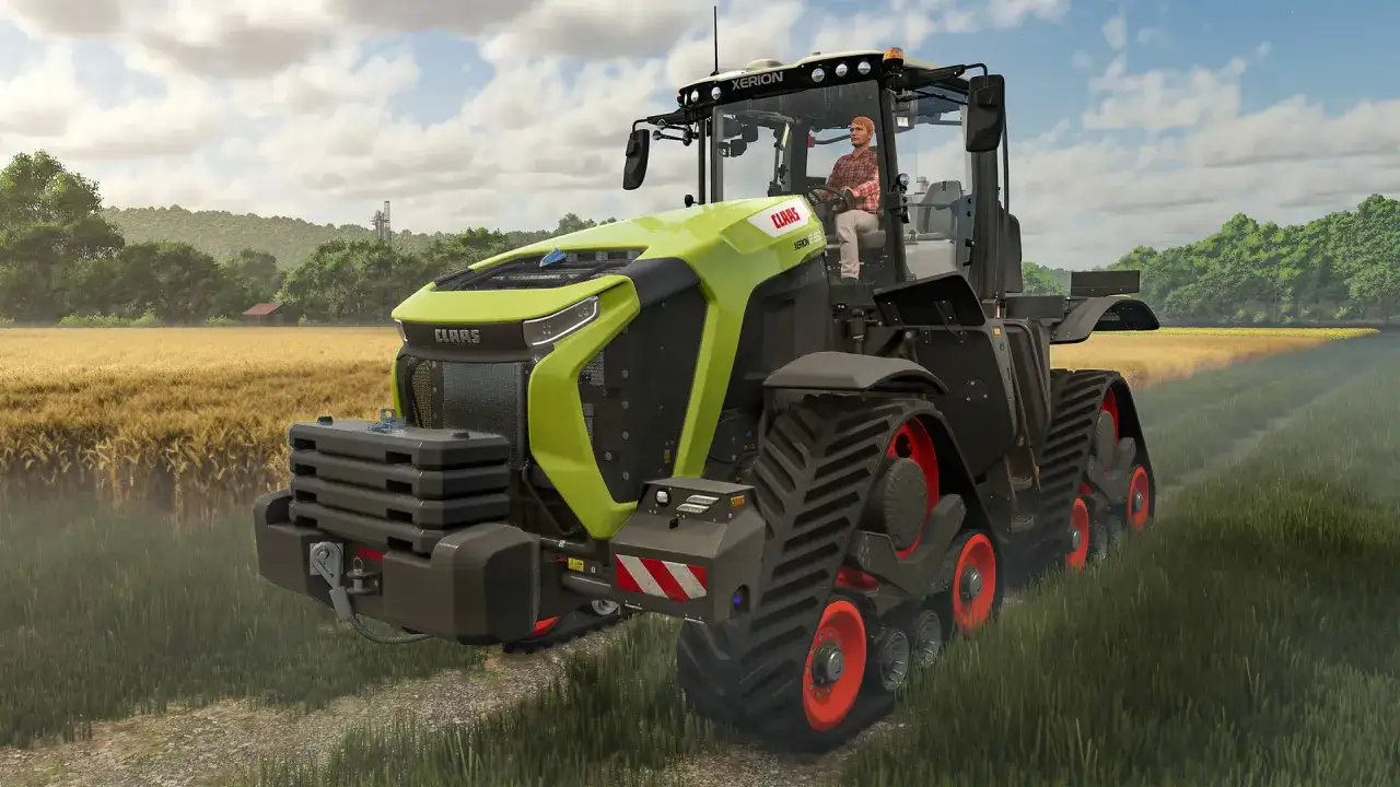 Zielony traktor z gąsienicami i kierowcą, gotowy do pracy na polu. Idealny do symulacji gry, gdzie gracze mogą doświadczyć życia rolnika w **gry farmerskie**.