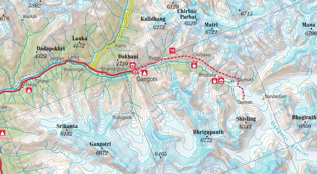 Mapa szlaku trekking w Himalajach na własną rękę: Gangotri, Gaumukh, Tapovan, Shivling. Widoczne wysokości i nazwy przełęczy.