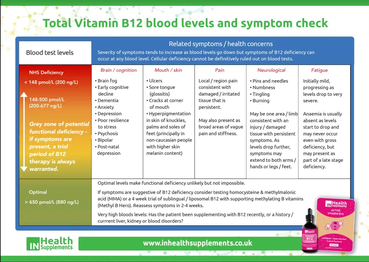 Livelli ottimali di vitamina B12: >650 pmol/L. La carenza pu&ograve; causare sintomi neurologici, affaticamento e problemi cognitivi.