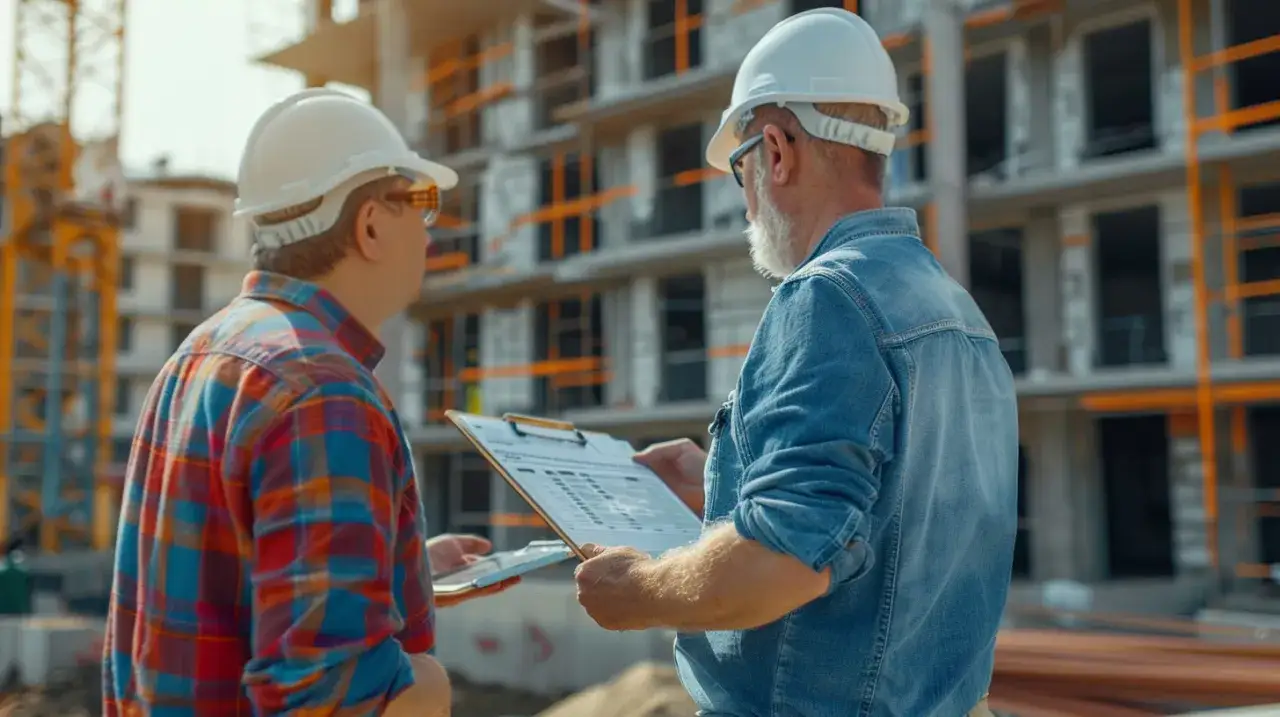 Deux ouvriers sur un chantier discutent d'un document, assurant la **garantie de parfait ach&egrave;vement** du b&acirc;timent en construction.