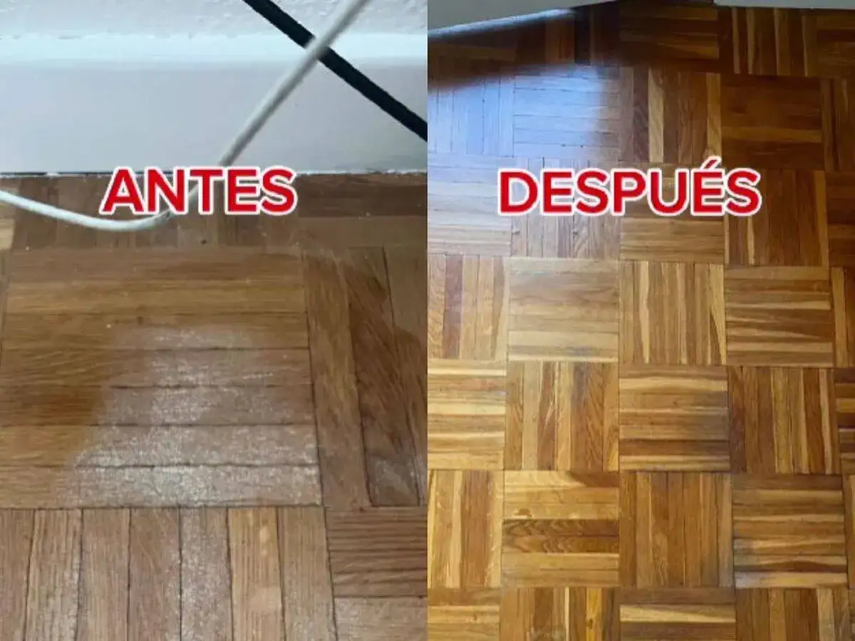 Antes y despu&eacute;s de aplicar remedios caseros para reparar parquet. El suelo de madera luce renovado y brillante.