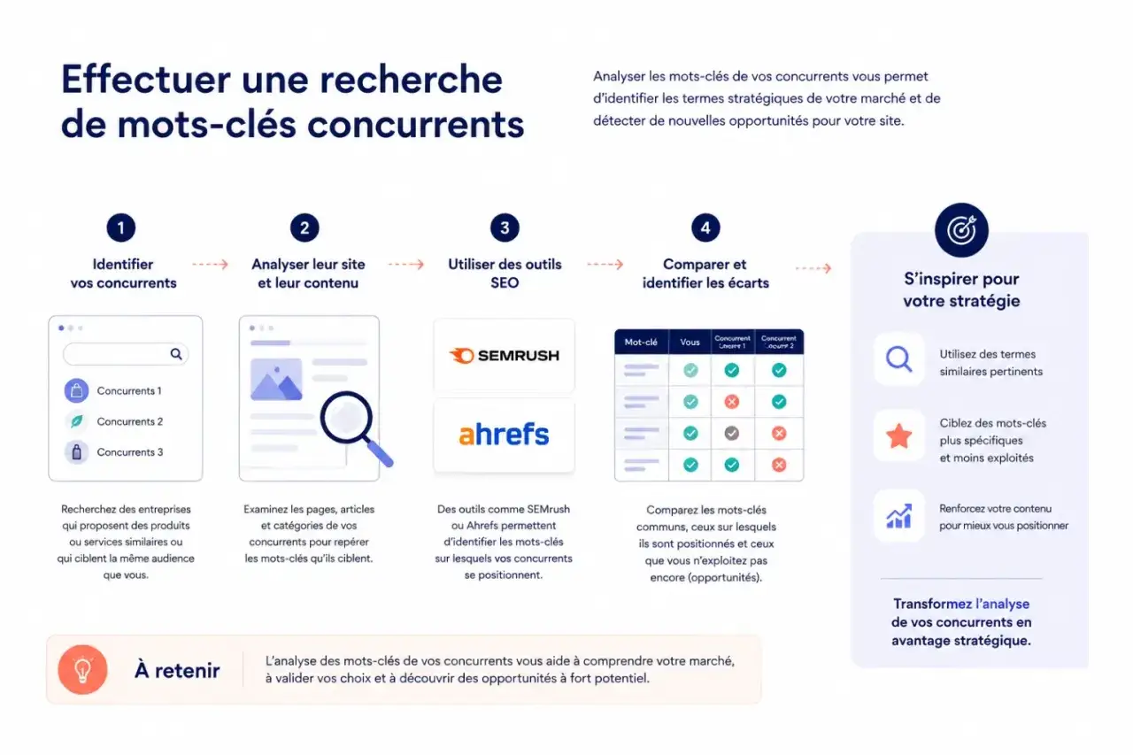 Infographie expliquant la recherche de mots-clés concurrents : identifier, analyser, utiliser des outils SEO, comparer et s'inspirer pour sa stratégie.