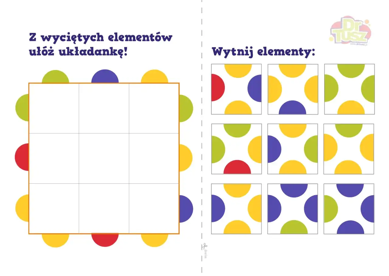 Z wyciętych elementów ułóż układankę! Na stronie znajdują się kolorowe kółka i kwadraty do wycięcia, tworzące puzzle do druku.