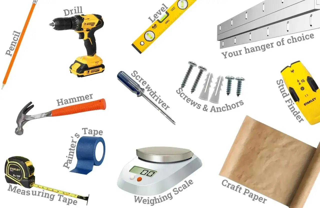 Tools for how to hang a bathroom mirror: drill, level, hammer, screwdriver, measuring tape, painter's tape, screws, anchors, stud finder, weighing scale, craft paper, and pencil.