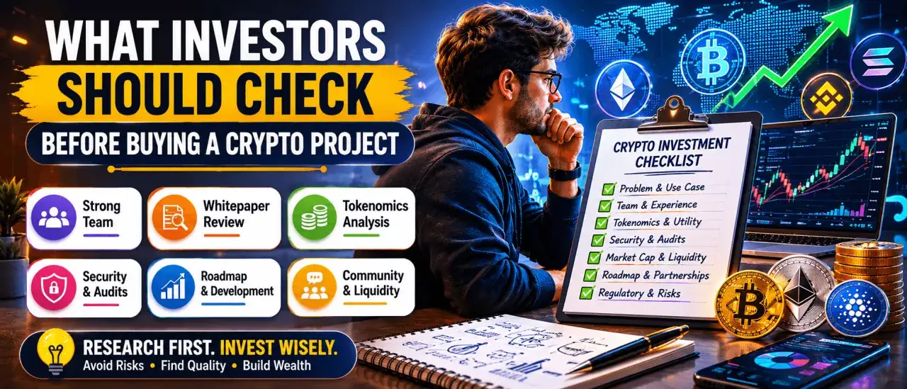 Mann pr&uuml;ft eine Checkliste f&uuml;r Krypto-Investitionen, um die DYOR-Bedeutung zu verstehen: Team, Whitepaper, Tokenomics, Sicherheit, Roadmap, Community & Liquidit&auml;t.