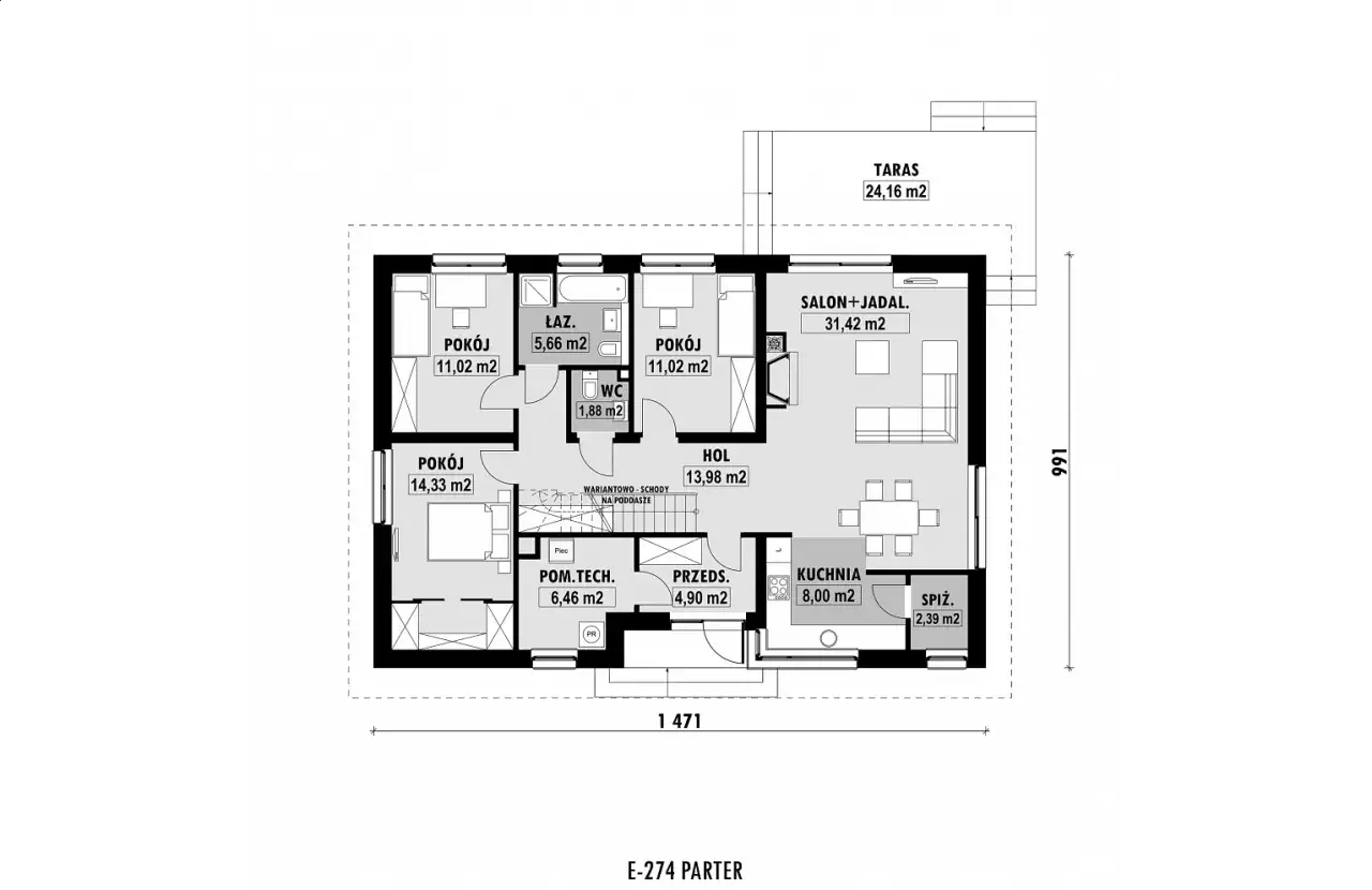 Projekt domu 80m2: salon z jadalnią, kuchnia, spiżarnia, 3 pokoje, łazienka, WC, pom. techniczne i taras 24m2.