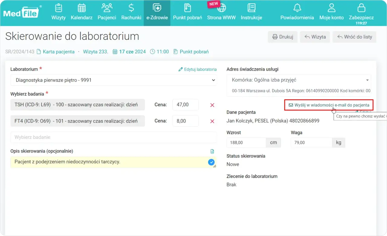 Formularz skierowania do laboratorium. Czy do laboratorium trzeba się rejestrować? System MedFile pozwala wysłać skierowanie e-mailem.