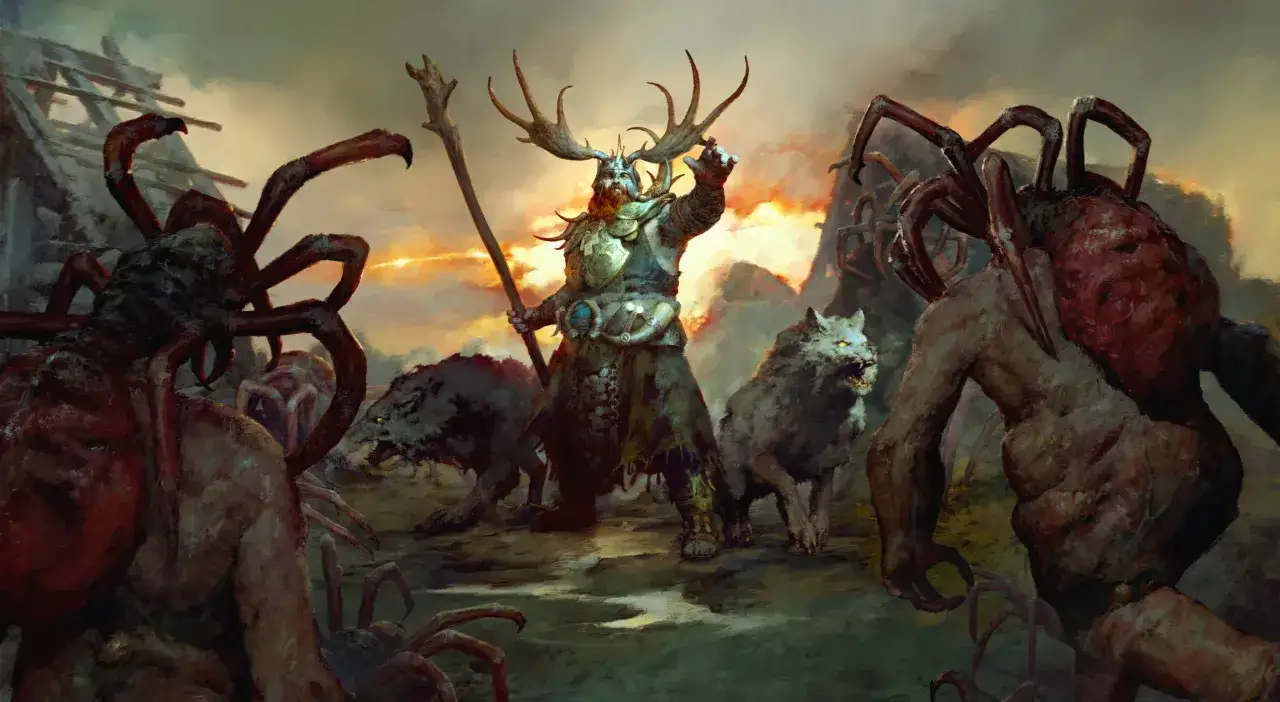 Diablo 4 druid build: potężny druid z porożem i wilkami walczy z potworami-pająkami.