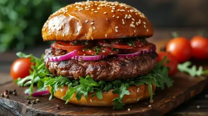 burger gastronomique juteux et app&eacute;tissant sur planche en bois