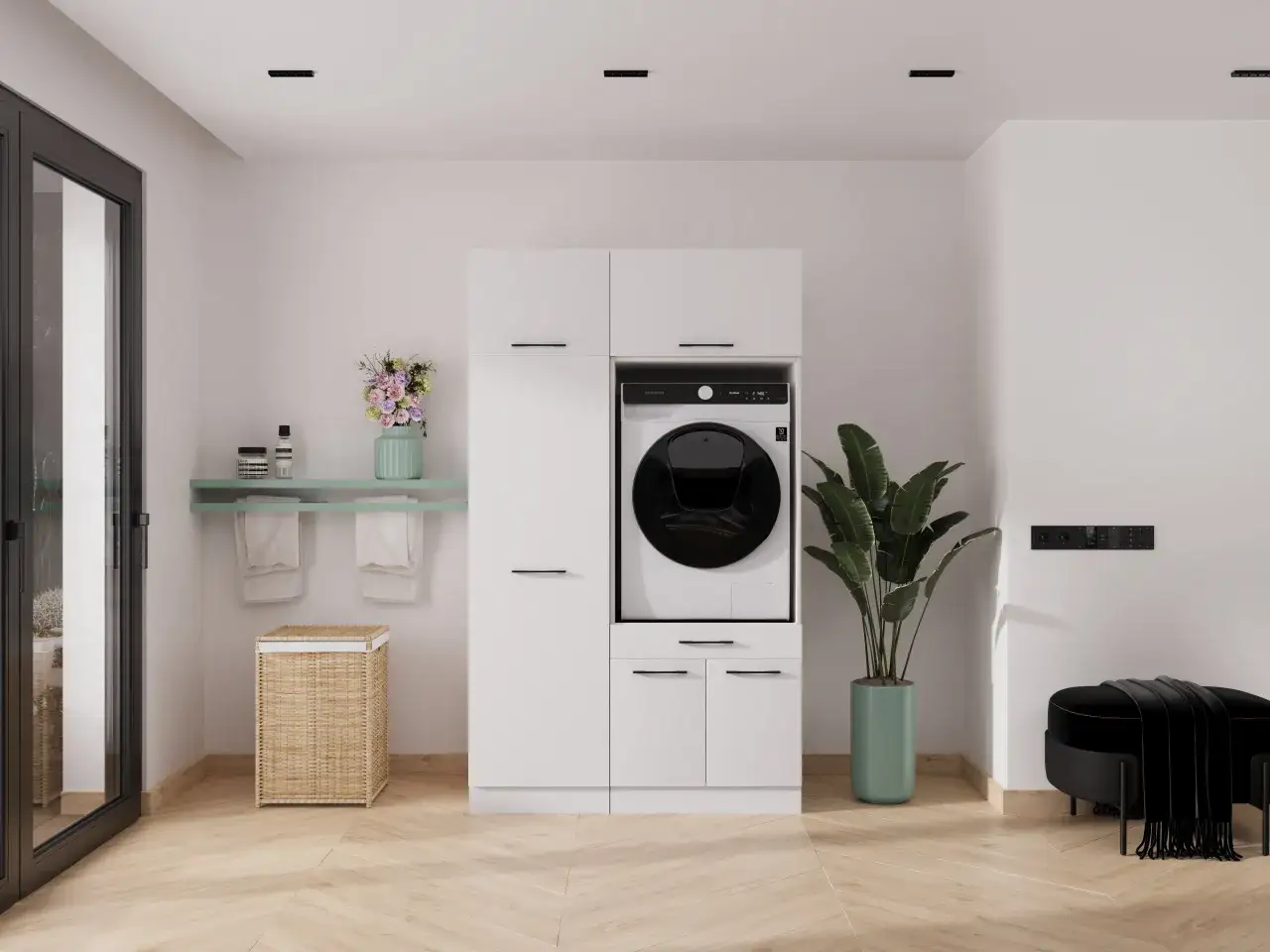 Une machine &agrave; laver int&eacute;gr&eacute;e dans des meubles blancs dans une salle de bain moderne, avec un panier &agrave; linge en osier &agrave; c&ocirc;t&eacute;.