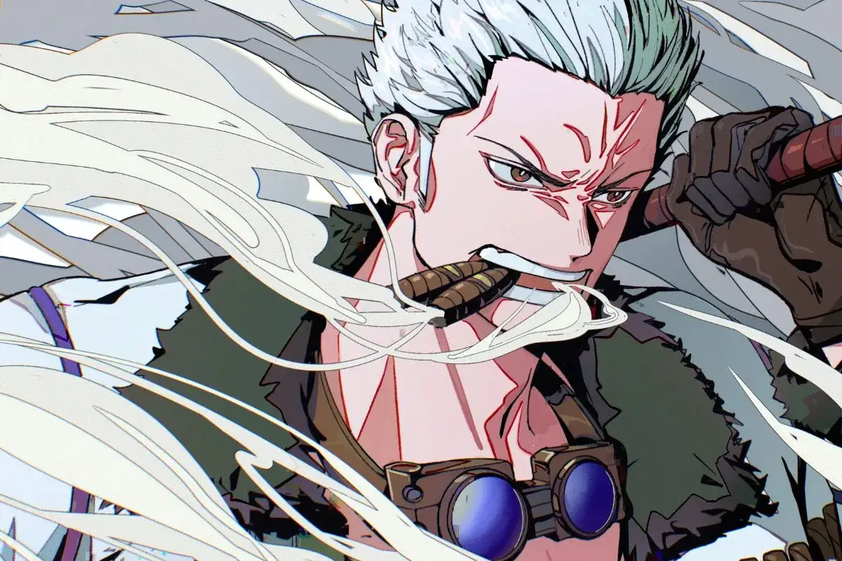 Der grimmige Captain Smoker mit wei&szlig;en Haaren und Zigarren im Mund, umgeben von Rauch und Wind.