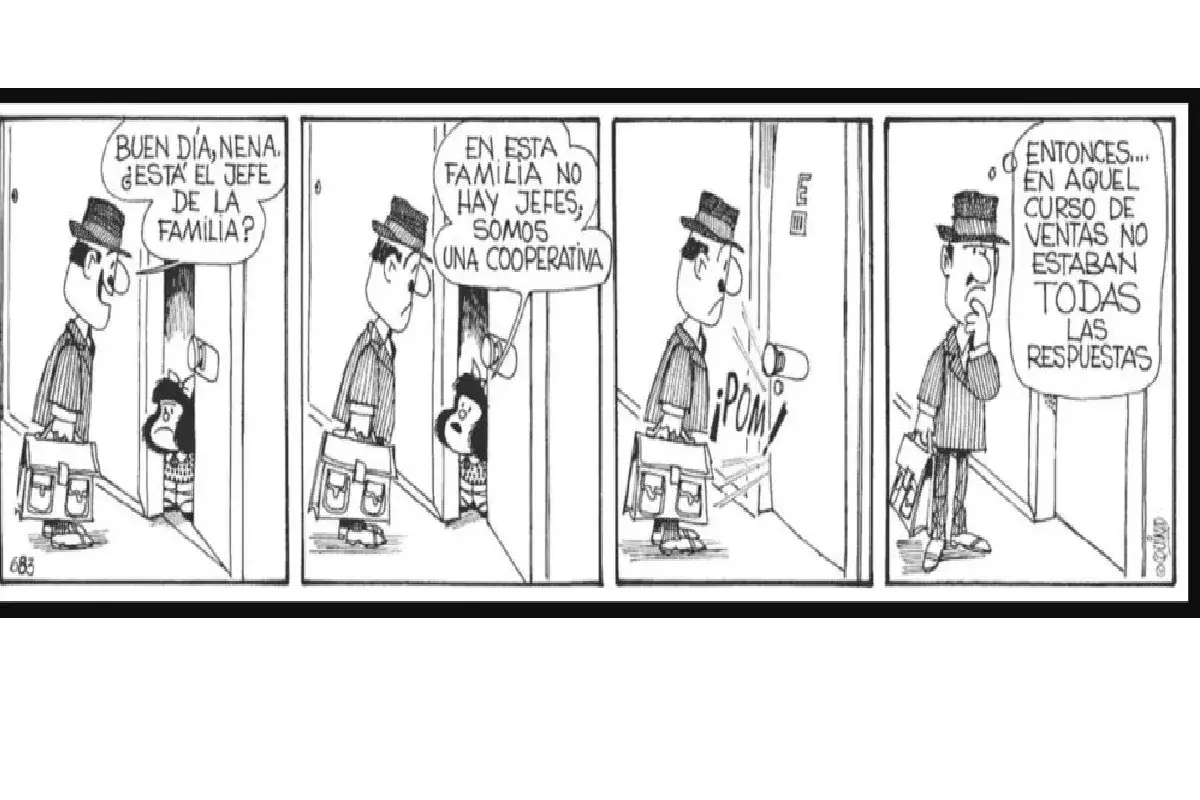 Mafalda, con su ingenio caracter&iacute;stico, responde a un hombre que busca al jefe de familia: 