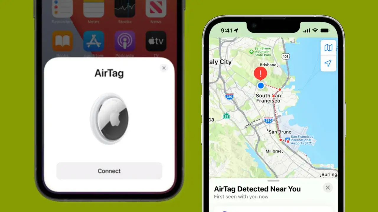 Dwa ekrany iPhone'a pokazują, co to jest AirTag: jeden z ikoną urządzenia i przyciskiem