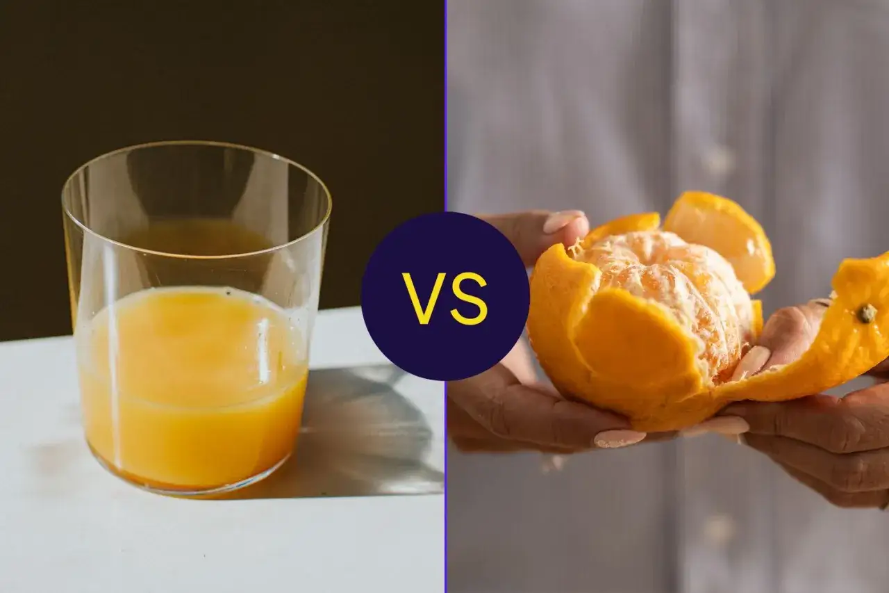 Szklanka soku pomarańczowego vs. obierana pomarańcza. Zastanawiasz się, ile kalorii ma pomarańcza?