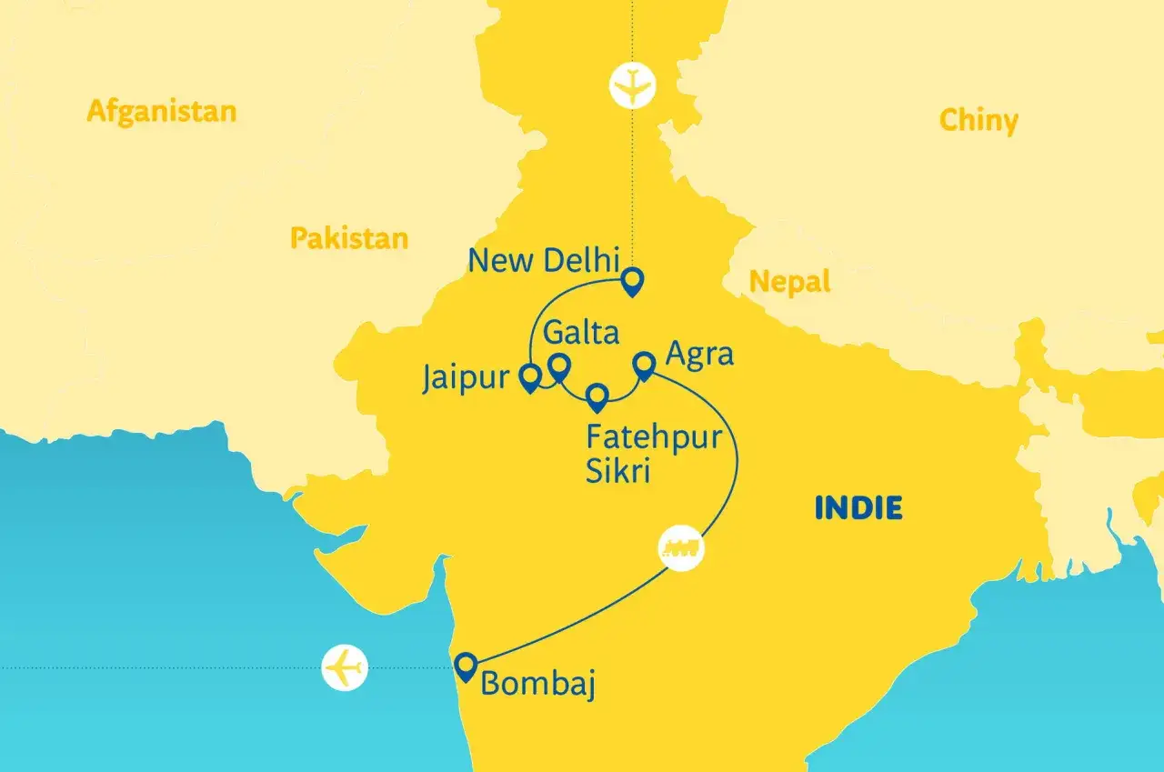Mapa Indii z trasą wycieczki: Delhi, Jaipur, Galtę, Fatehpur Sikri, Agrę i Bombaj. Podróż samolotem i pociągiem.
